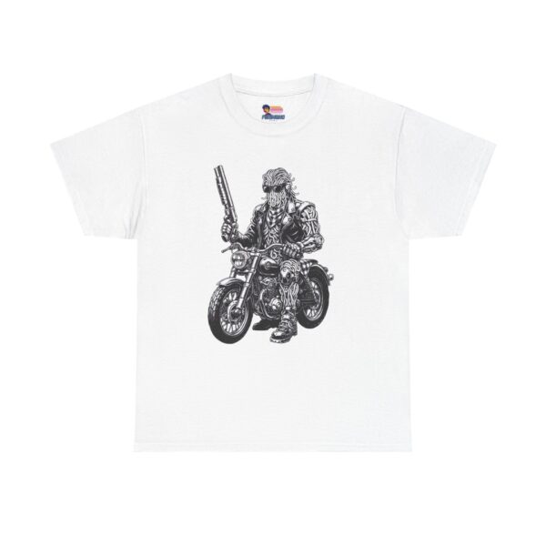 Biker Skeleton Holding Gun Tee | Motorcycle Skull Rider Tee