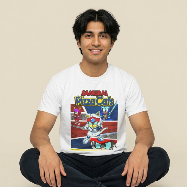 Alternative view of Samurai Pizza Cats T-Shirt | Retro Anime Cat Cartoon Tee